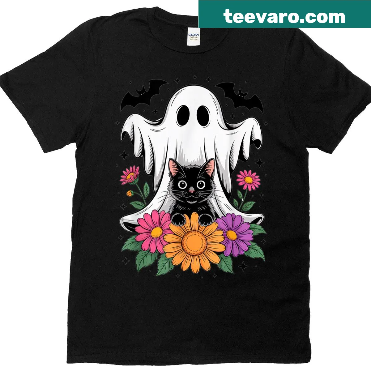 Funny Halloween shirt featuring a ghost and cat design — on a men's t-shirt