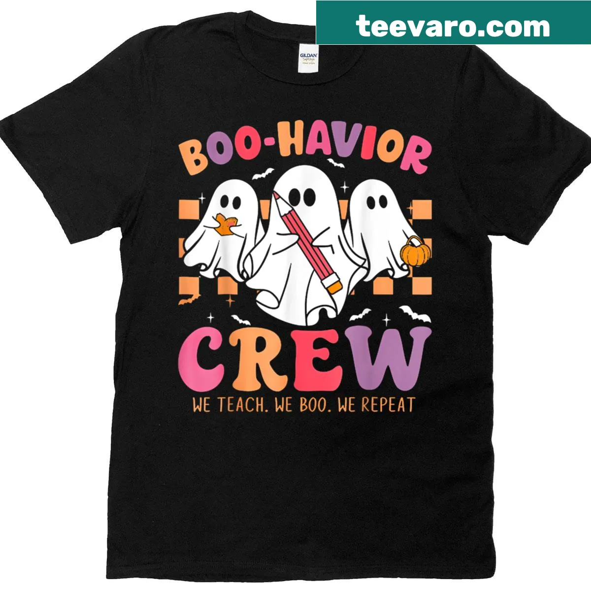 Halloween teacher t-shirt with ghost illustrations and funny text — on a men's t-shirt