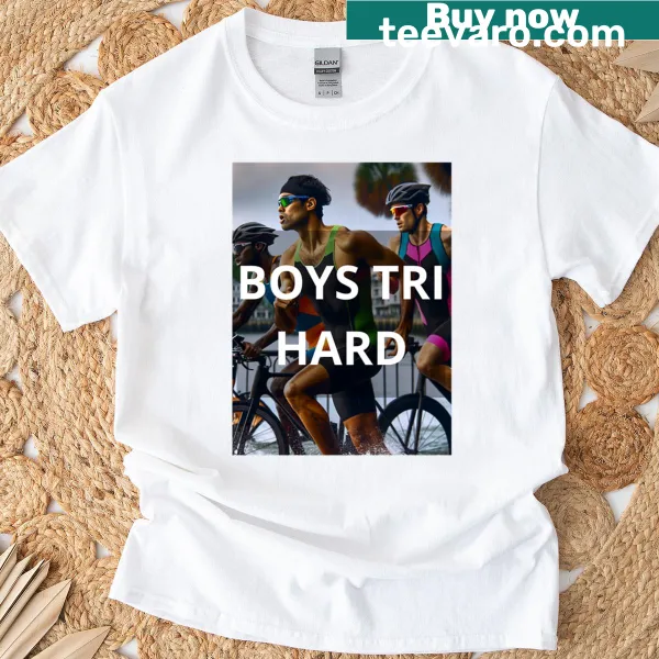 Motivational T-shirt for boys with 'Tri Hard' text for triathletes.