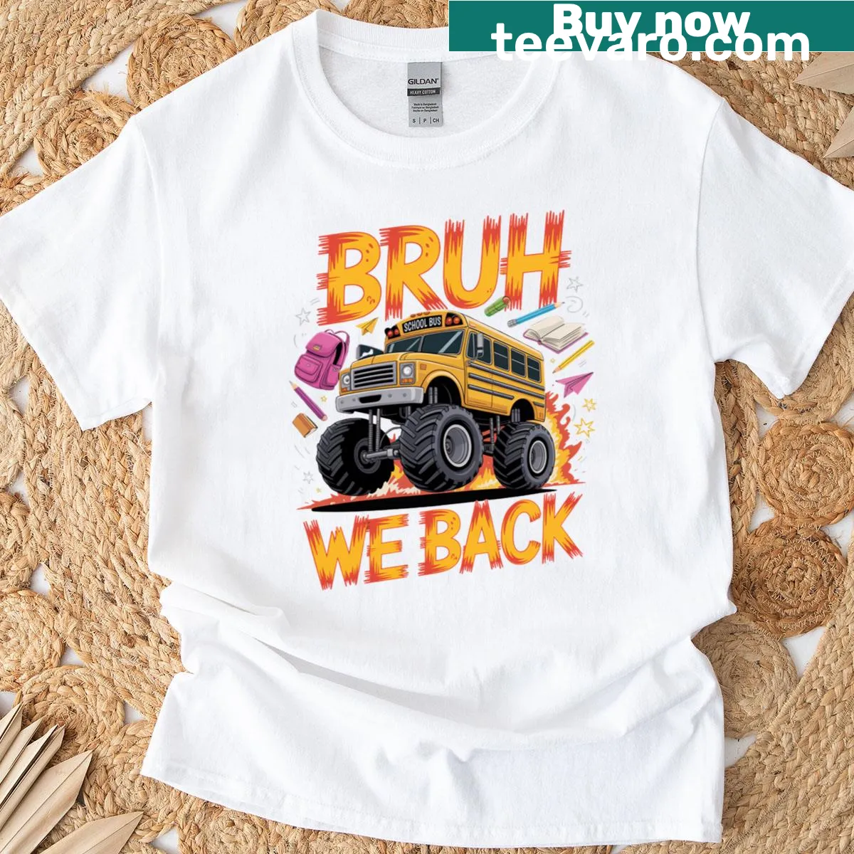 Funny t-shirt with a monster truck bus and the phrase 'Bruh We Back' — on a men's t-shirt