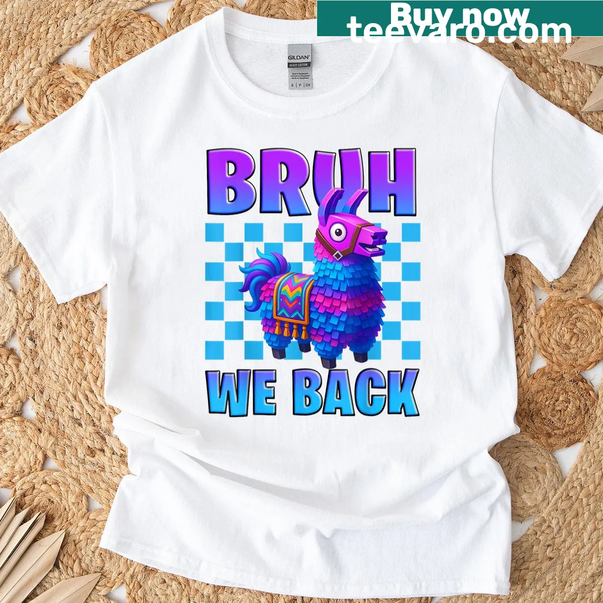 Funny gamer t-shirt with a llama piñata and text 'Bruh We Back' — on a men's t-shirt