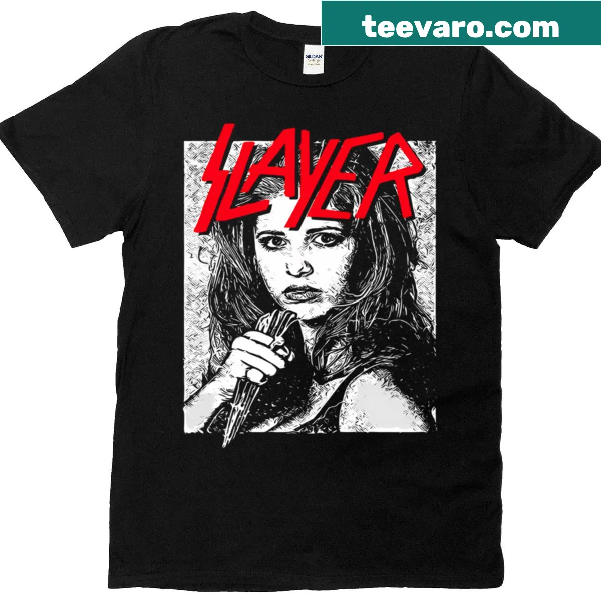 T-shirt featuring a bold mashup of Buffy the Vampire Slayer and metal elements. — on a men's t-shirt
