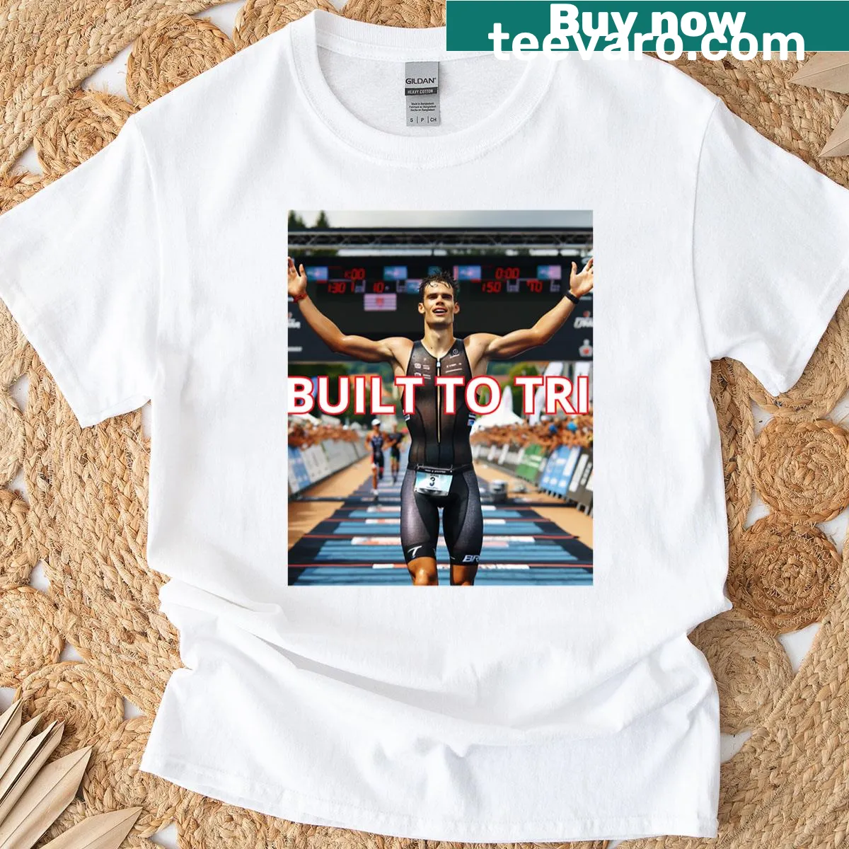 Motivational triathlon design saying Built To Tri on an oversized t-shirt — on a men's t-shirt
