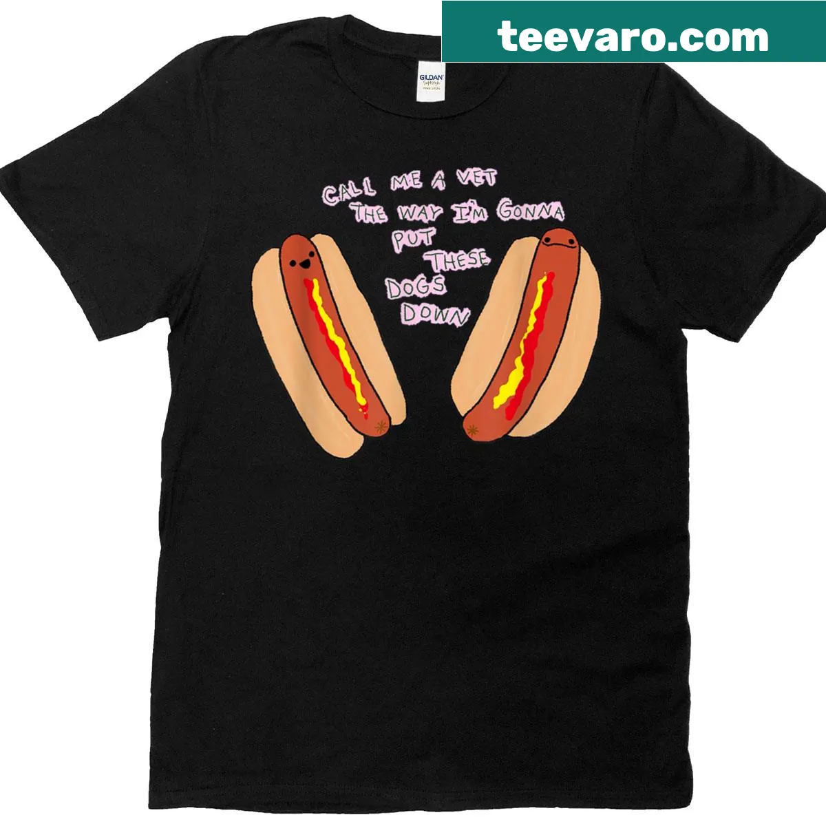 Funny hot dog pun design on a T-shirt featuring a cartoon vet — on a men's t-shirt