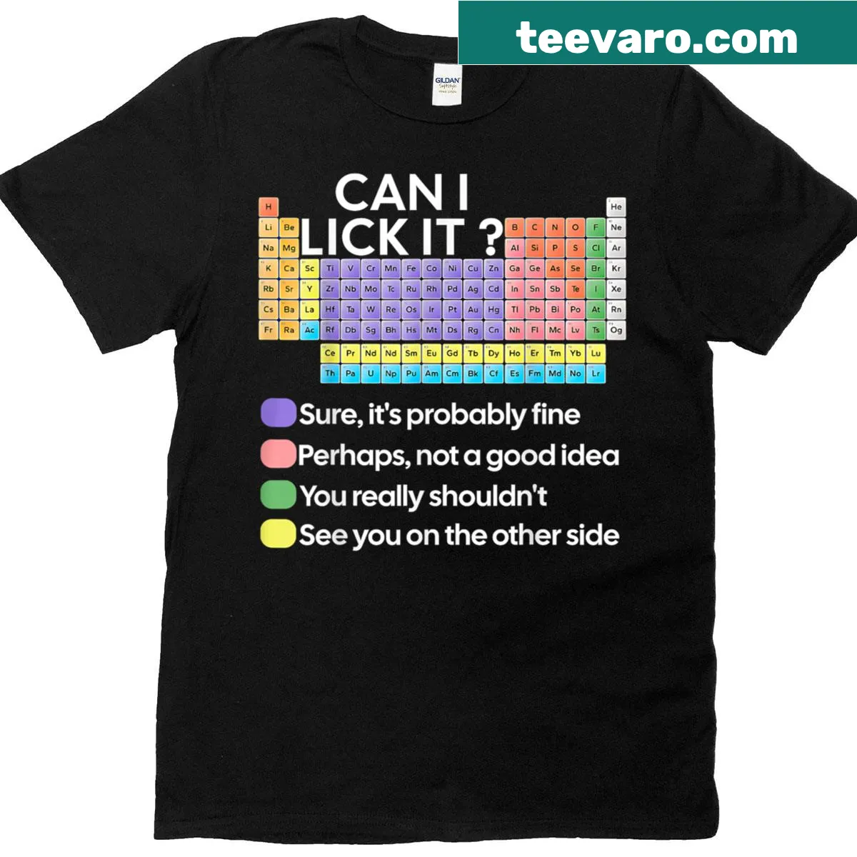 Funny science t-shirt with periodic table question 'Can I Lick It?' — on a men's t-shirt
