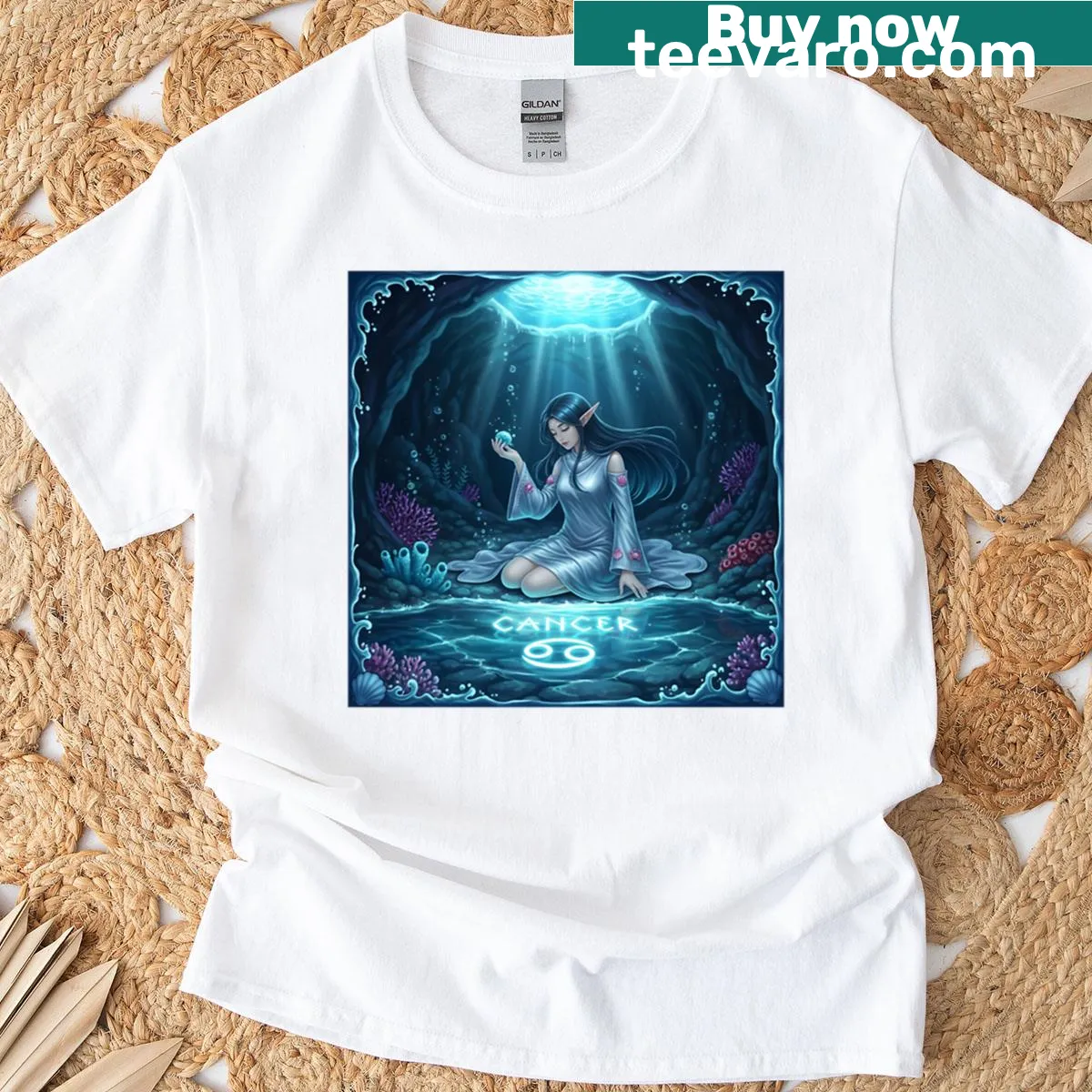 Aquatic-themed T-shirt with a whimsical Cancer Elf graphic. — on a men's t-shirt