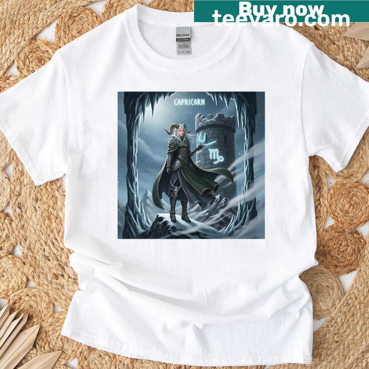 Illustration of a Capricorn elf reaching for the stars on a T-shirt — on a men's t-shirt