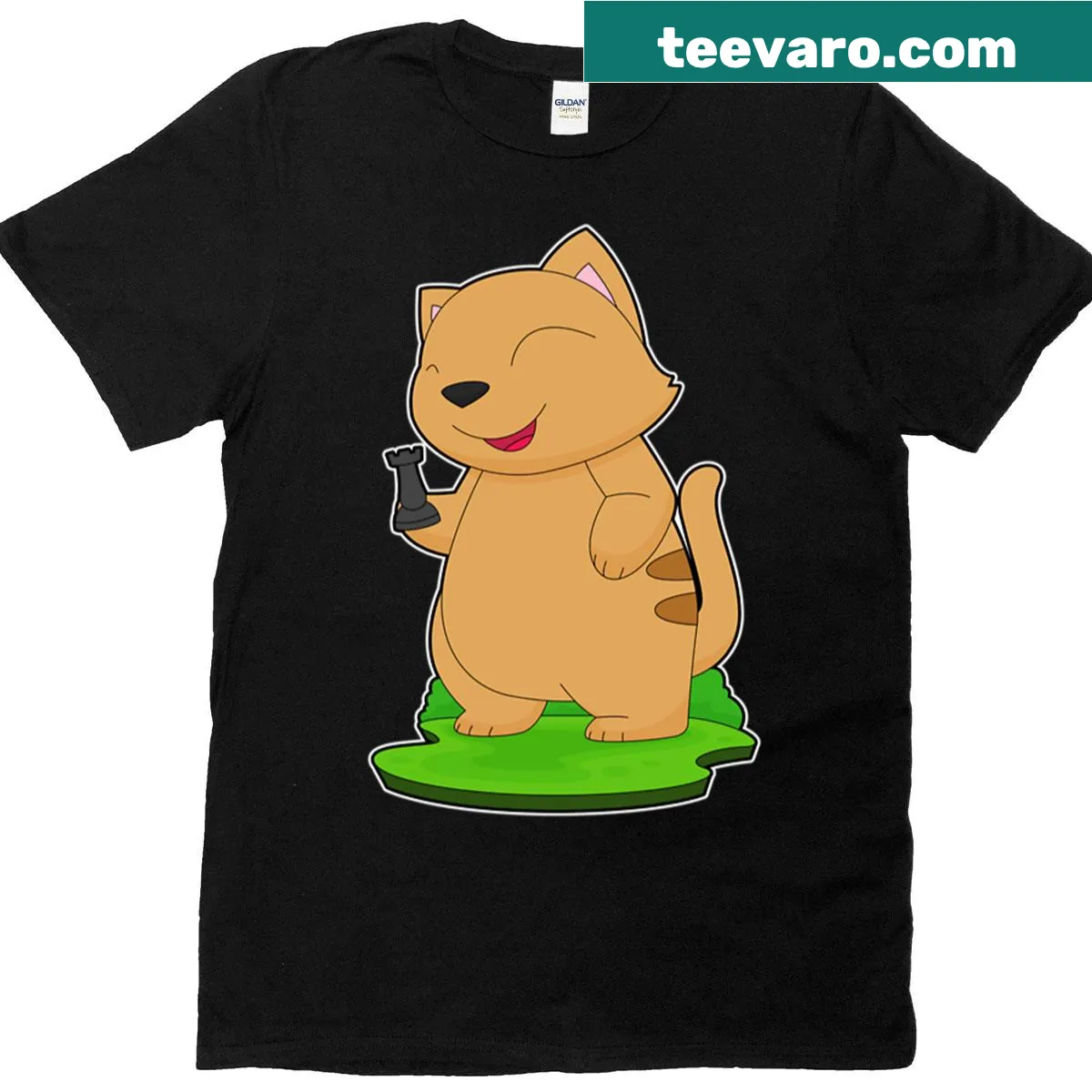 Illustration of a cat as a rook chess piece for chess and cat lovers — on a men's t-shirt