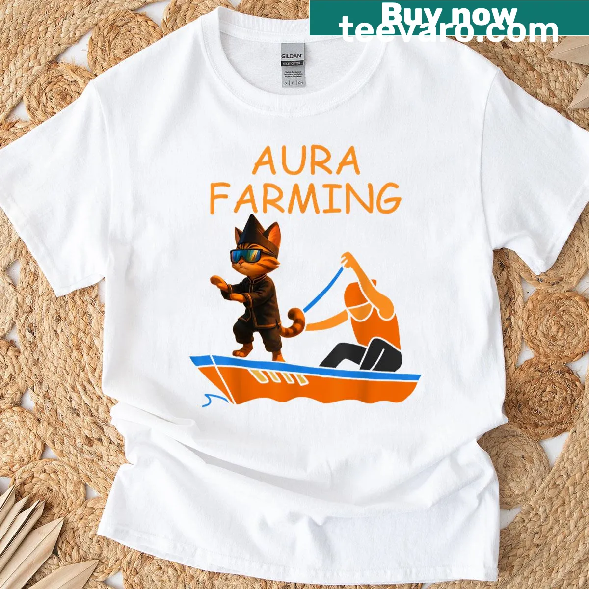 Whimsical tee featuring cats dancing and farming with an aura. — on a men's t-shirt