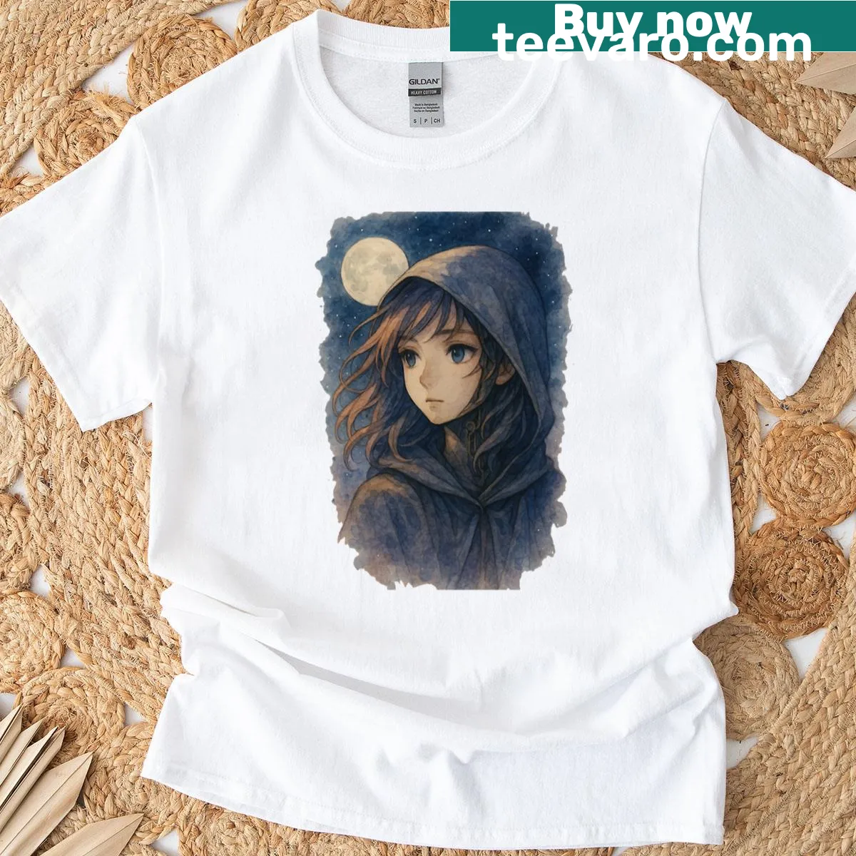 Illustrated T-shirt featuring a hooded girl with celestial moon graphics. — on a men's t-shirt
