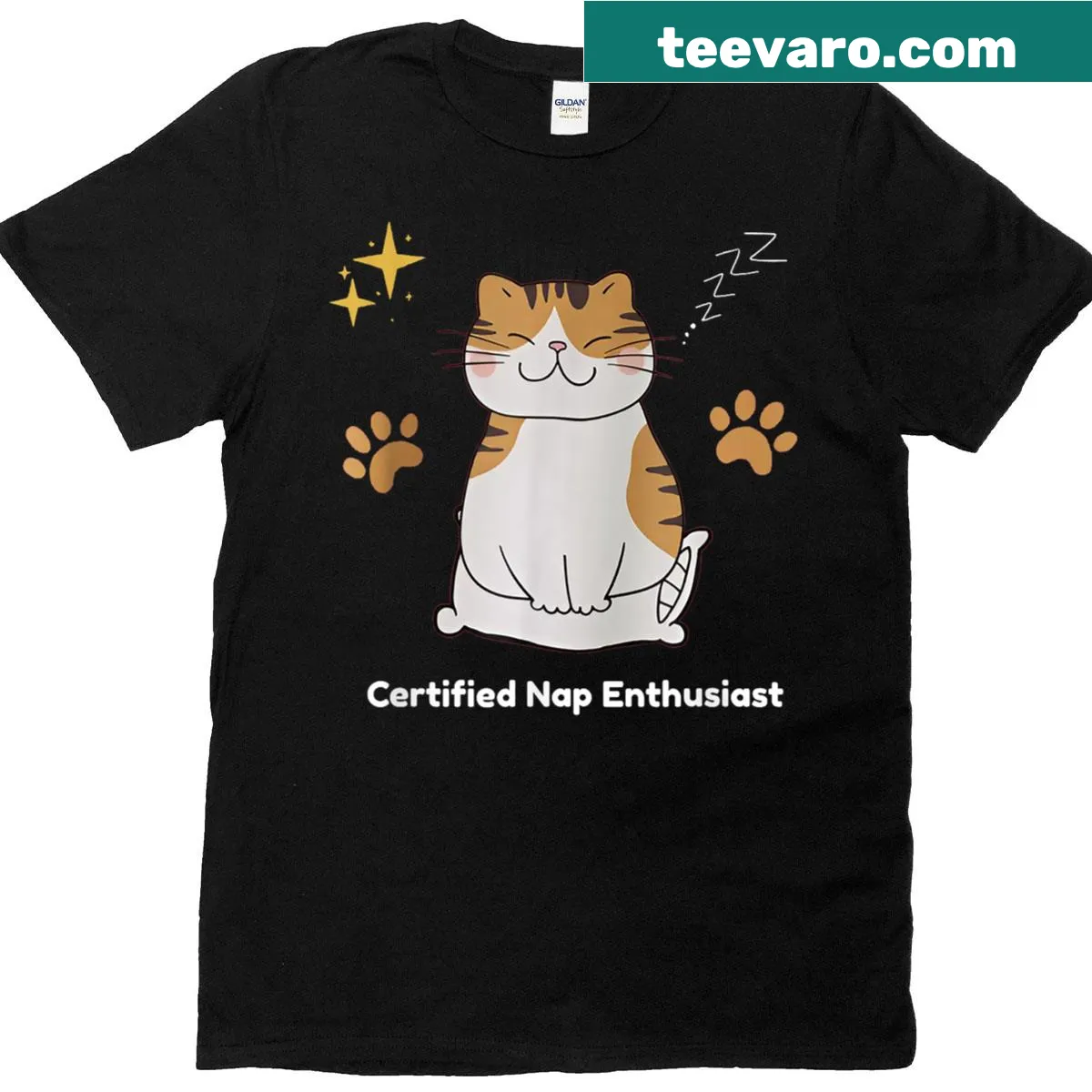 Funny text declaring Certified Nap Enthusiast with cat graphic — on a men's t-shirt