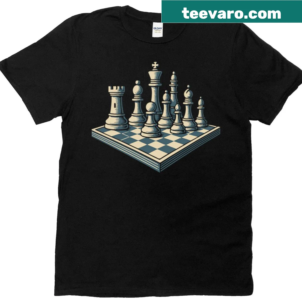 Cartoon chess pieces design celebrating the game of chess — on a men's t-shirt
