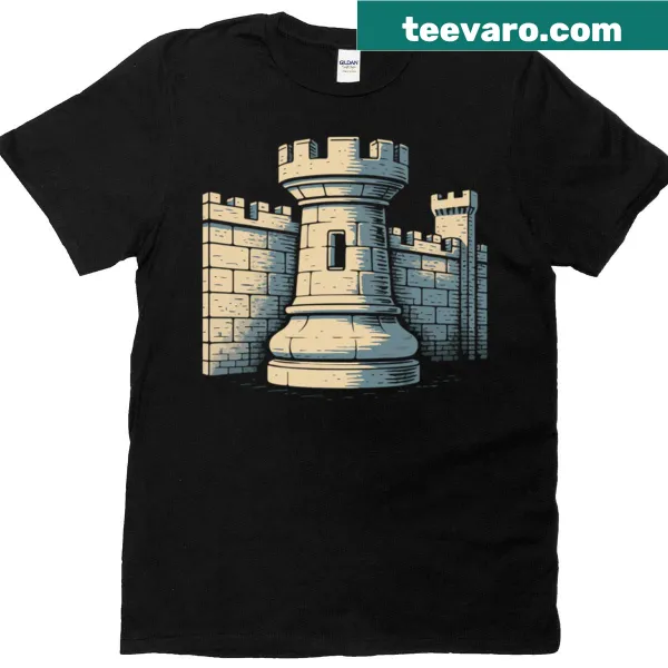 Illustrative chess T-shirt featuring a rook and castle wall design