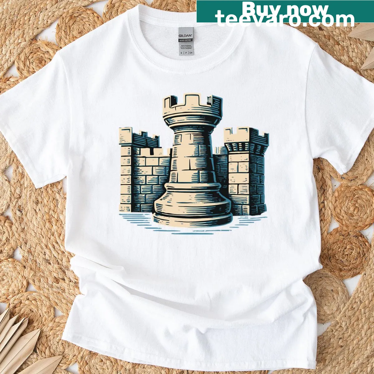 T-shirt featuring a fortress rook emblem for chess players — on a men's t-shirt