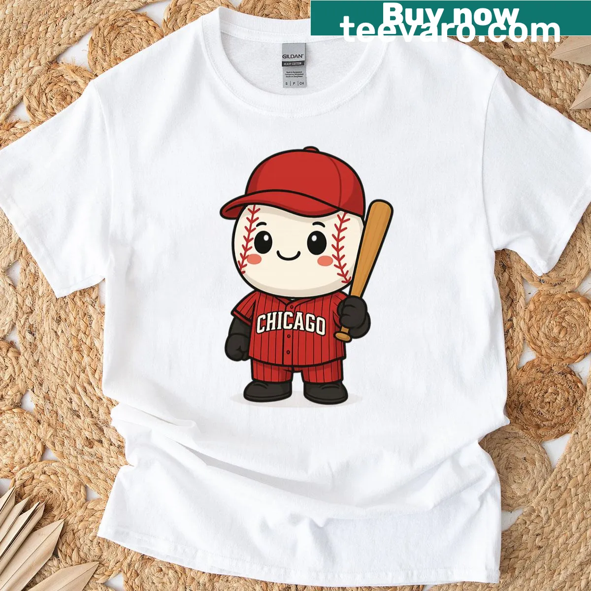 Chibi baseball character in a Chicago Red pinstripe jersey design. — on a men's t-shirt