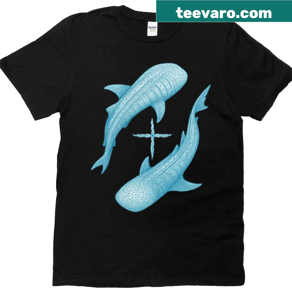 Illustrated T-shirt featuring whale shark and cross design — on a men's t-shirt