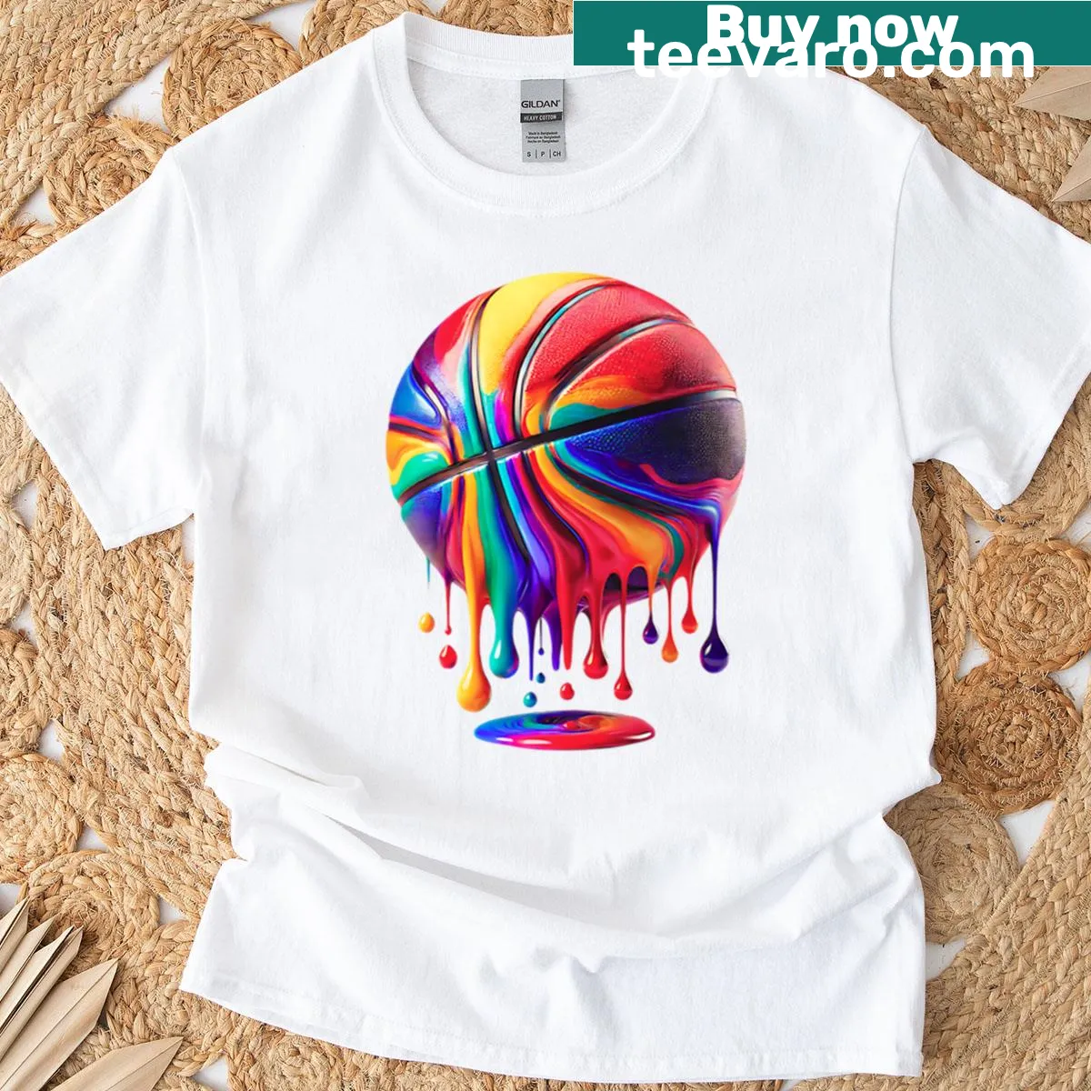 Illustrated dripping basketball and hoop graphic on a T-shirt — on a men's t-shirt