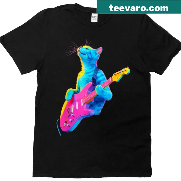 Illustration of a colorful cat playing guitar