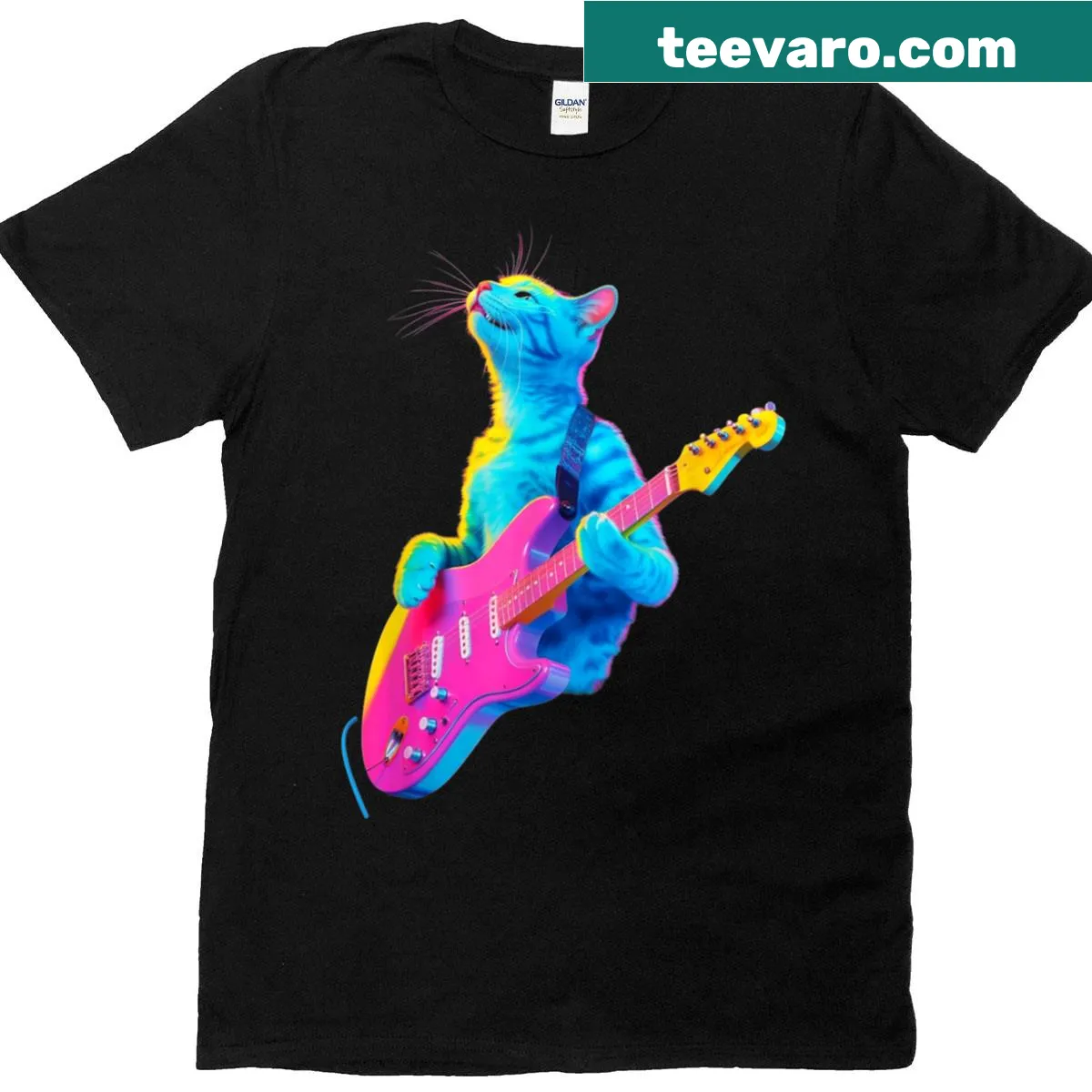 Illustration of a colorful cat playing guitar — on a men's t-shirt
