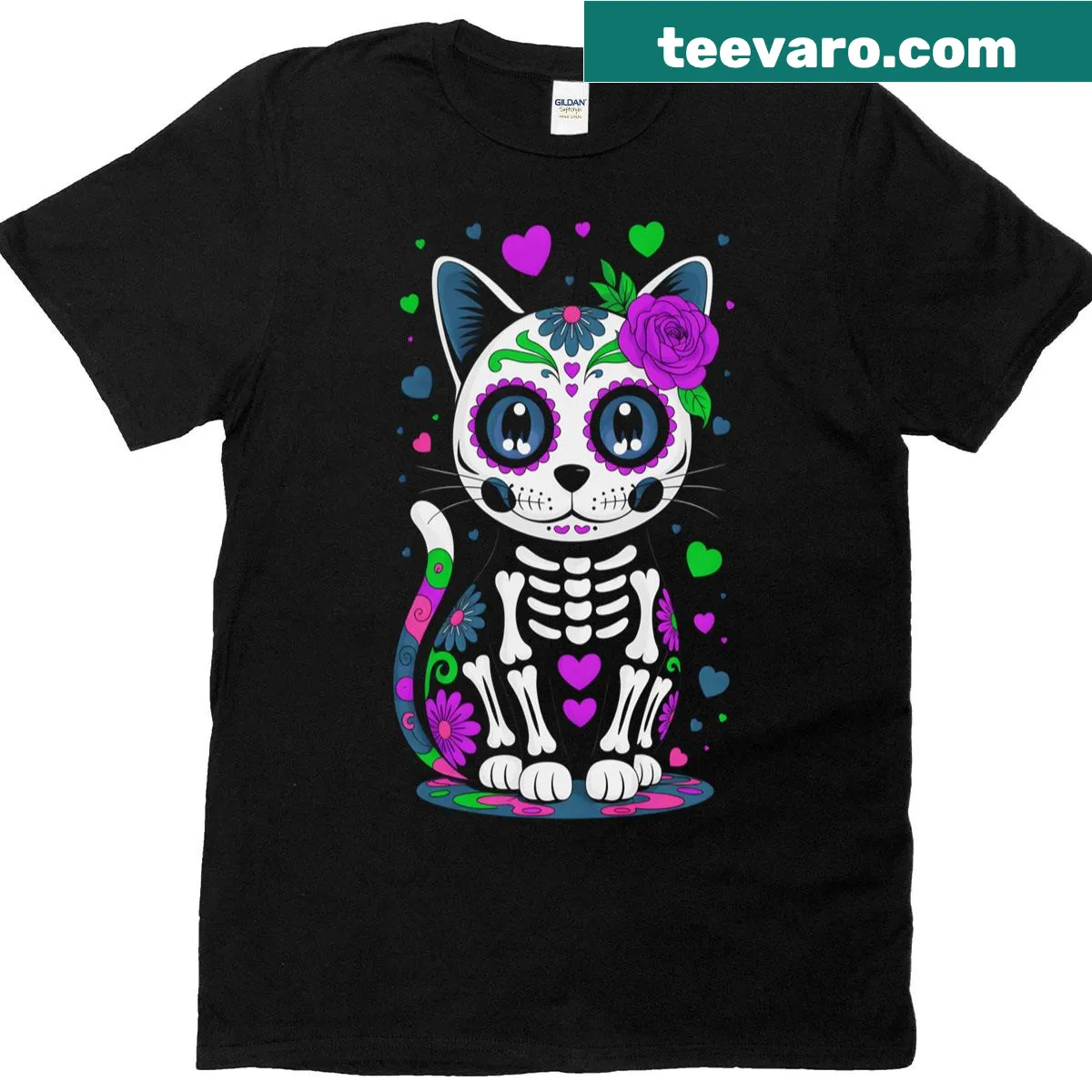 Playful cat skeleton T-shirt celebrating Dia De Los Muertos — on a men's t-shirt
