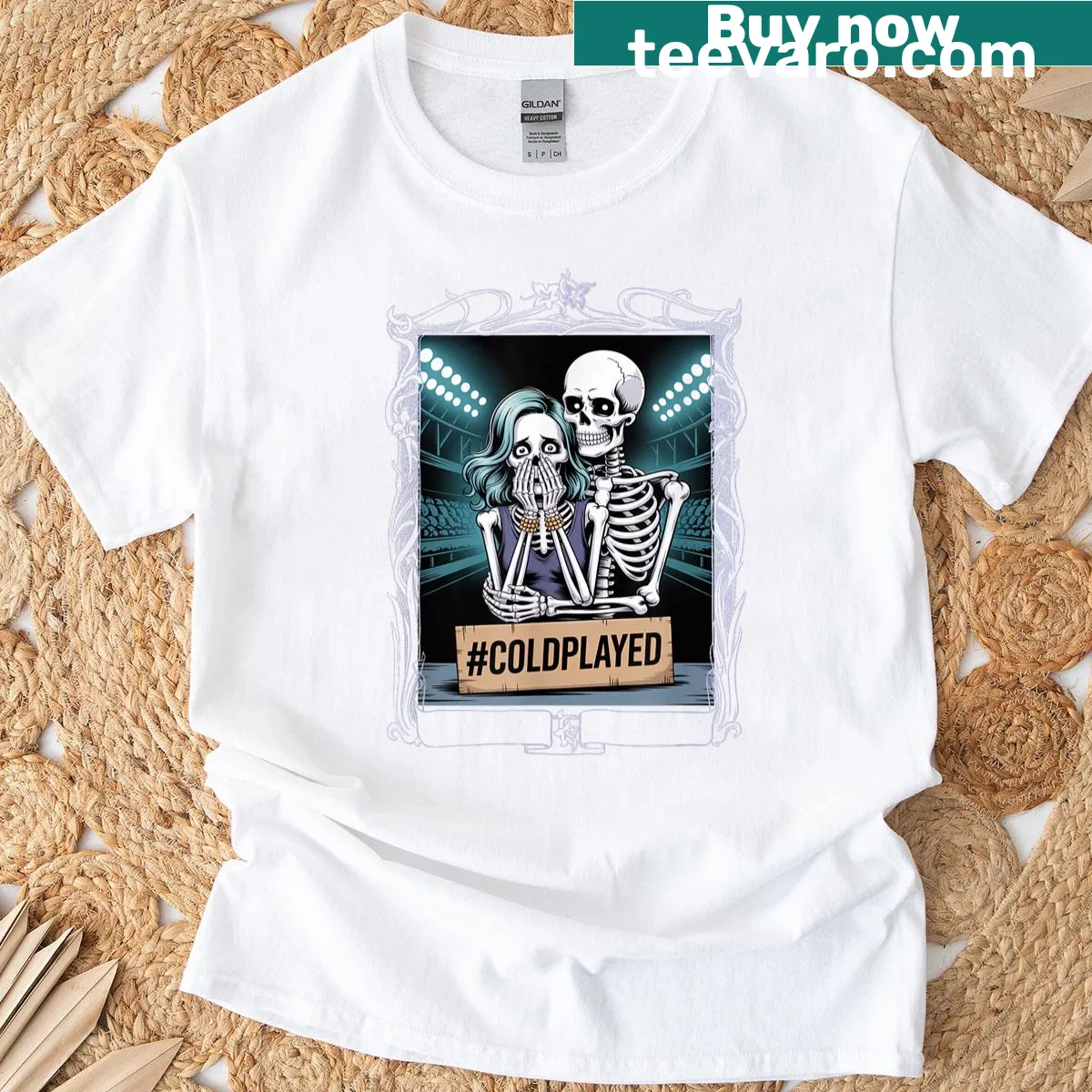 Cartoon skeleton couple jamming together for Halloween meme — on a men's t-shirt