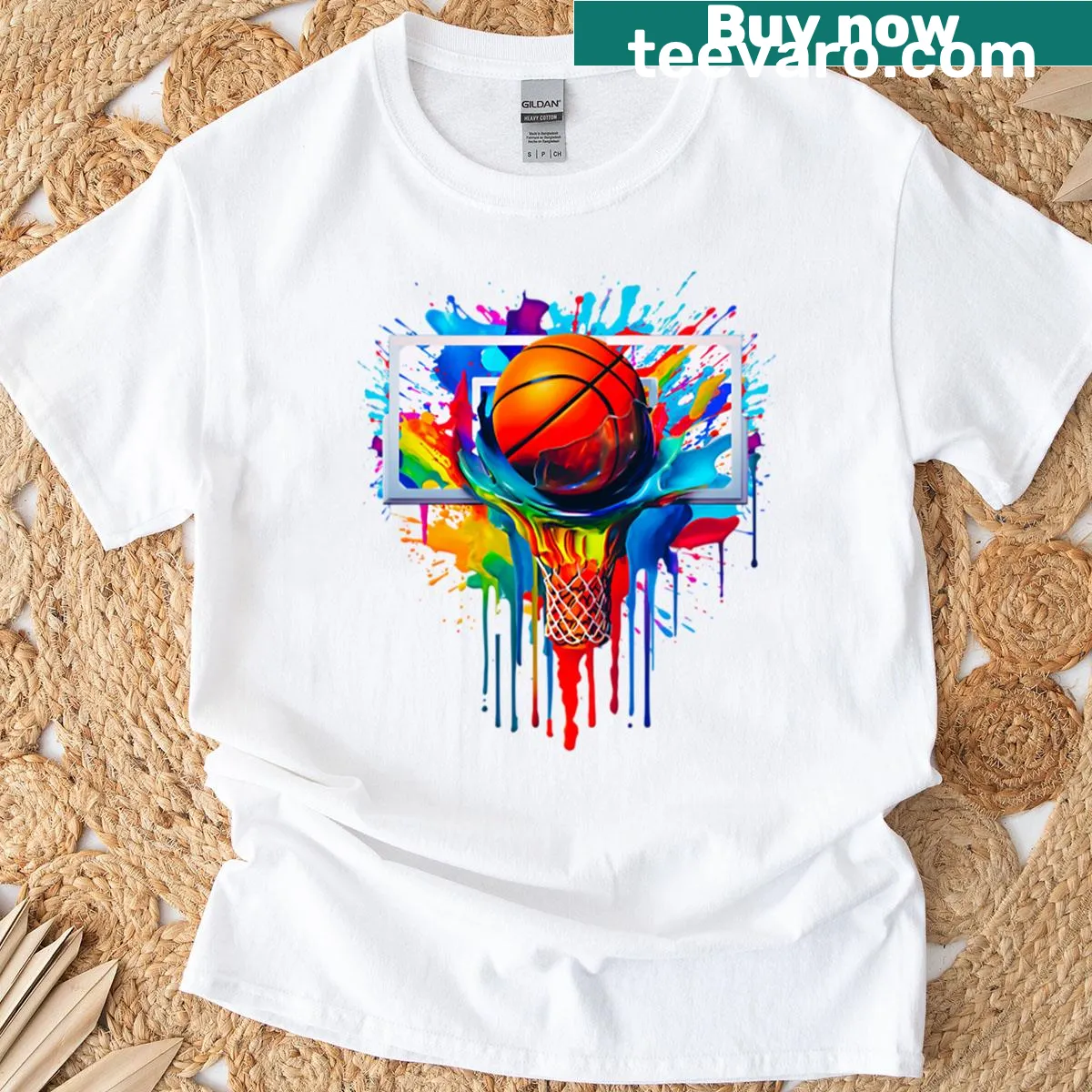 Illustrated t-shirt featuring a dunking basketball with drips — on a men's t-shirt