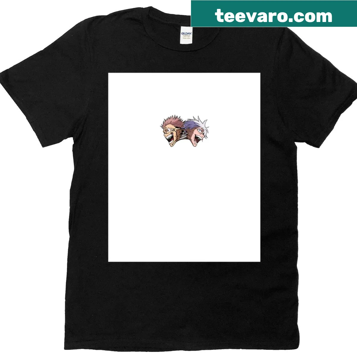 Cartoon wizard with blue hair laughing on a graphic T-shirt — on a men's t-shirt