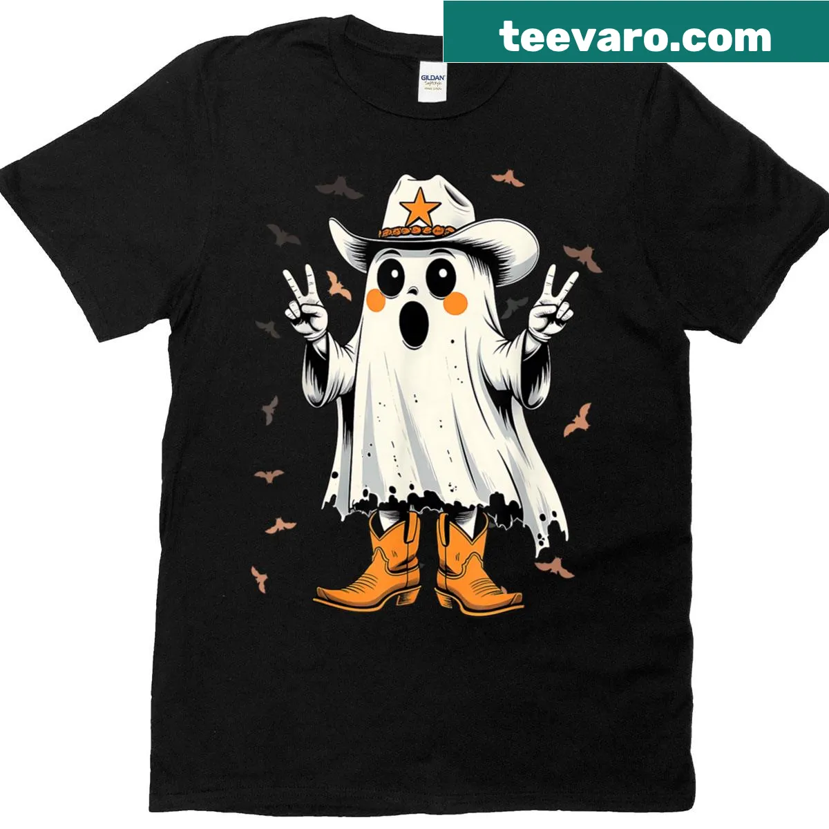 Cowboy ghost design with 'Boo Haw' slogan for Halloween — on a men's t-shirt
