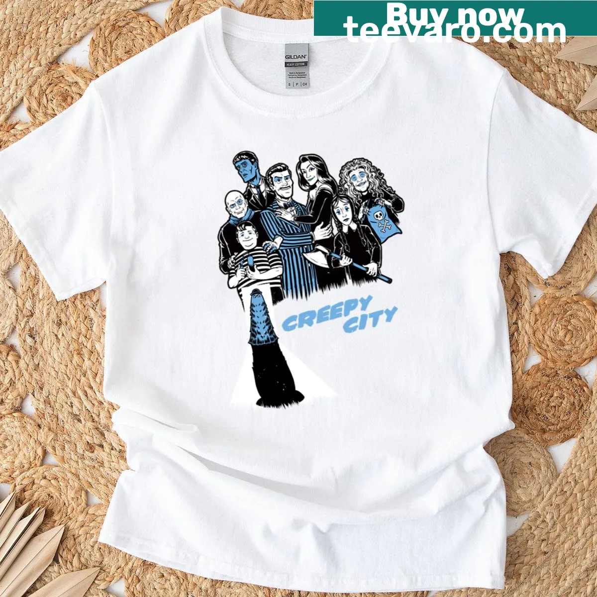 Goth family reunion illustration in a creepy city T-shirt — on a men's t-shirt