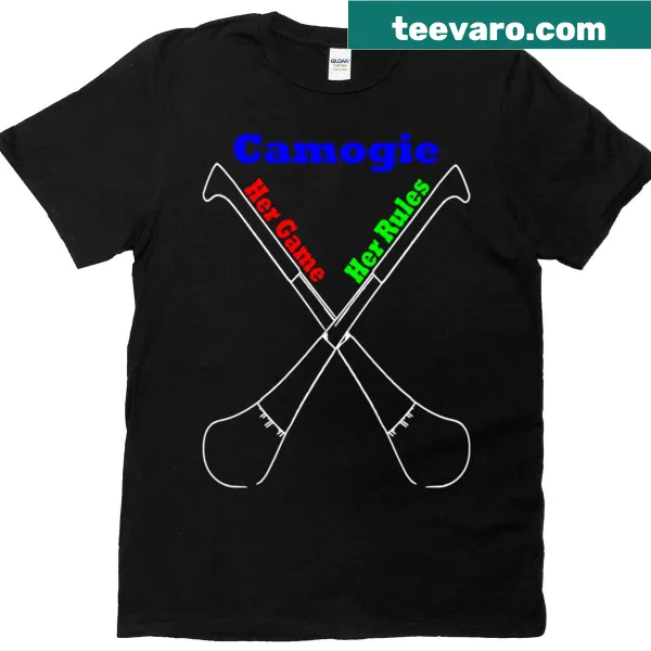 Graphic of crossed camogie sticks with Her Game Her Rules text
