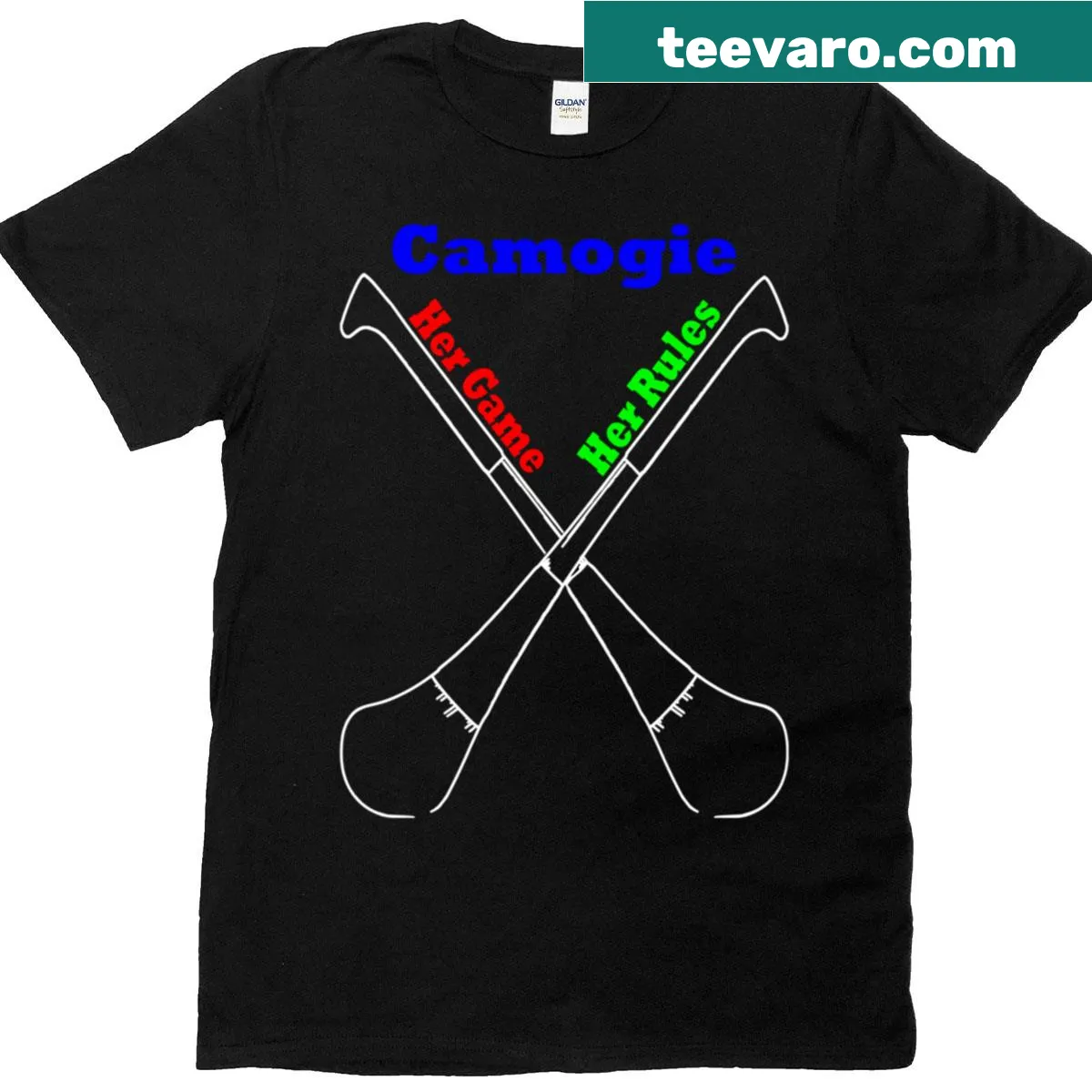 Graphic of crossed camogie sticks with Her Game Her Rules text — on a men's t-shirt