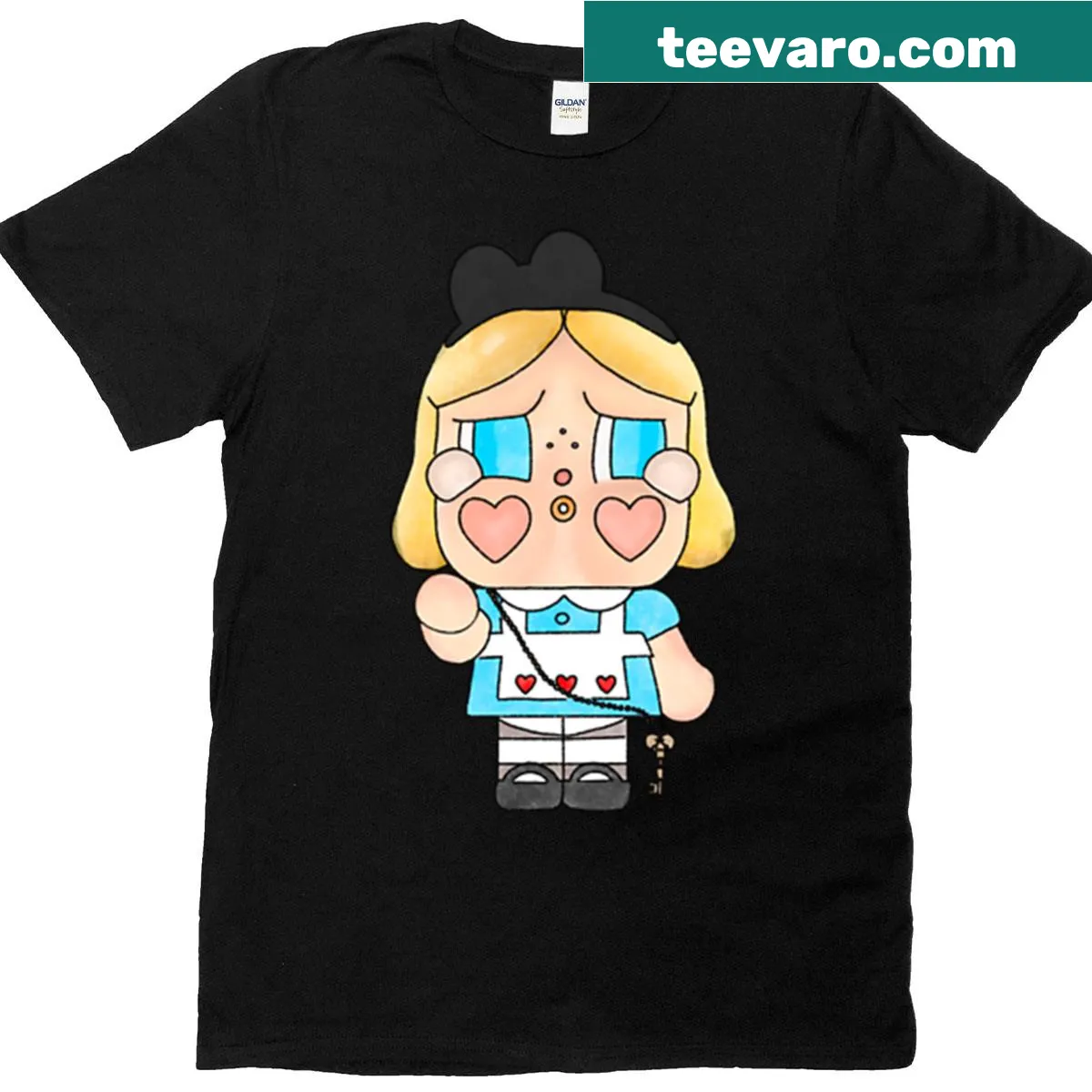 Whimsical art design featuring the Crybaby Popmart figurine — on a men's t-shirt