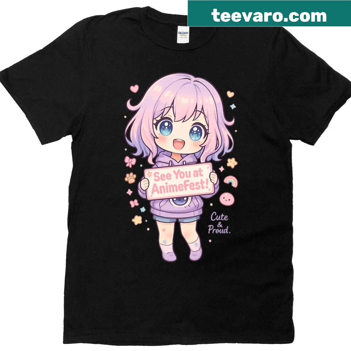 Anime mascot with pastel sparkle eyes illustration — on a men's t-shirt