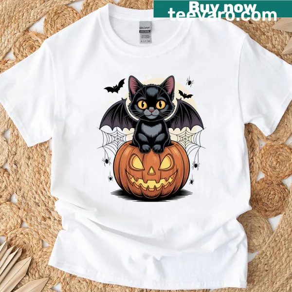 Cute black cat with bat wings and jack-o-lantern Halloween T-shirt