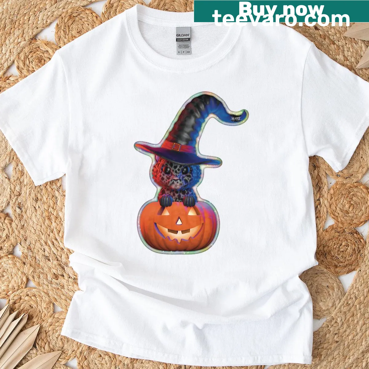Cute black cat in a pumpkin wearing a witch hat — on a men's t-shirt