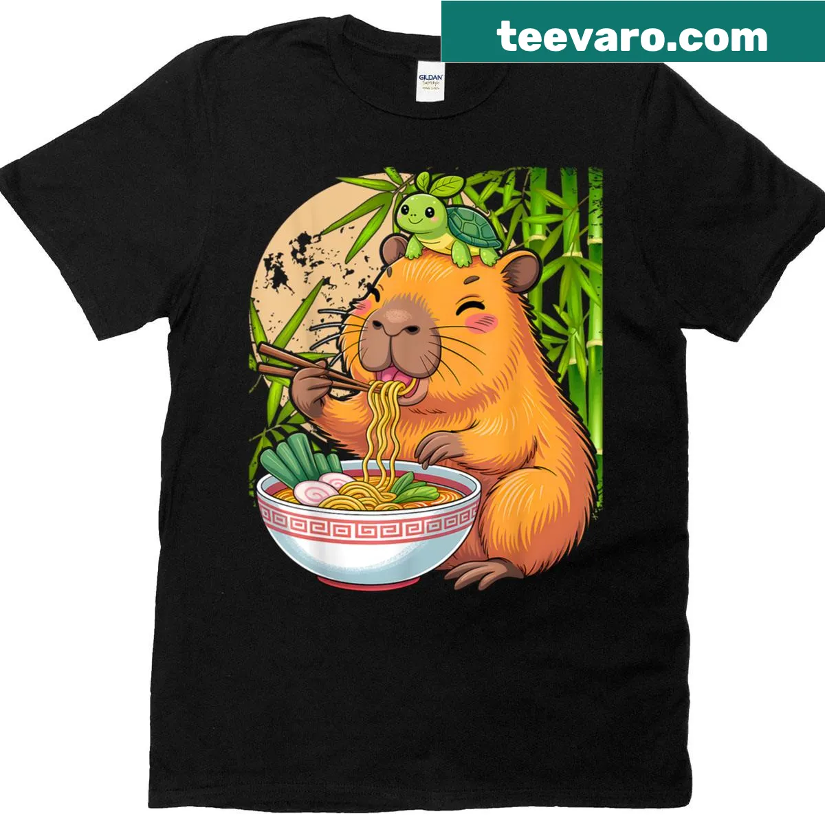 Kawaii capybara girl with backpack and turtle design — on a men's t-shirt