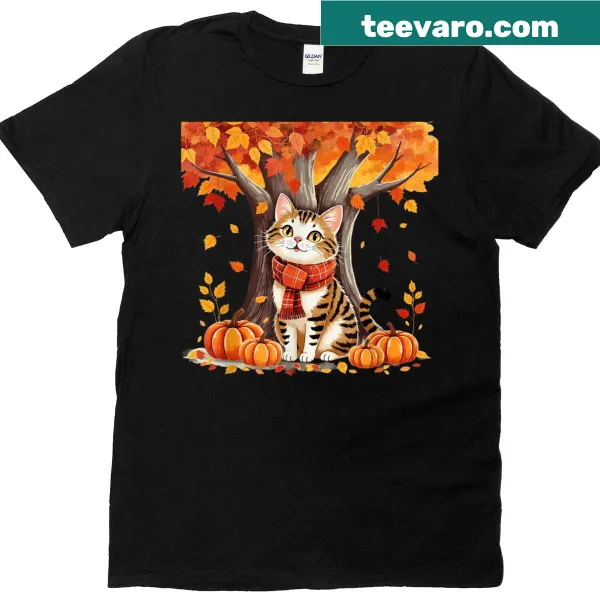 Autumn T-shirt with cute cat and falling leaves design