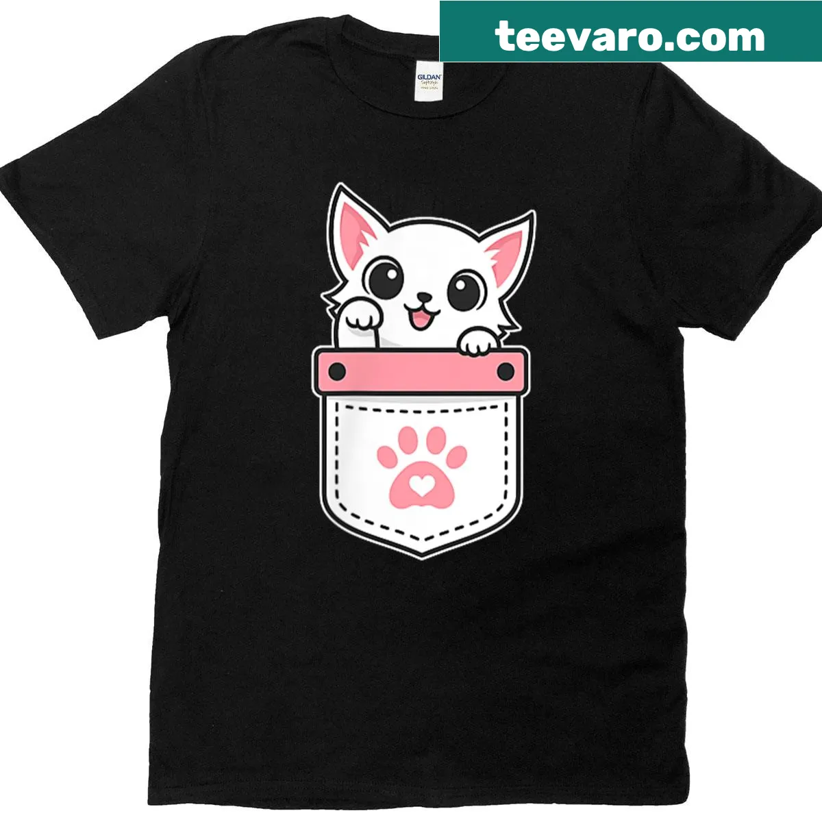 Illustration of a cat peeking out of a pocket with text — on a men's t-shirt