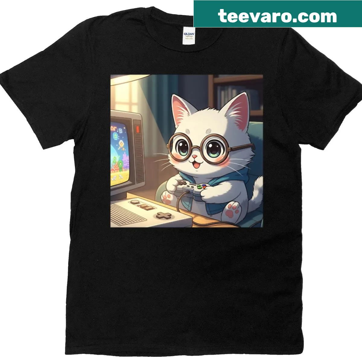 Retro anime-style T-shirt featuring a cute cat with glasses — on a men's t-shirt
