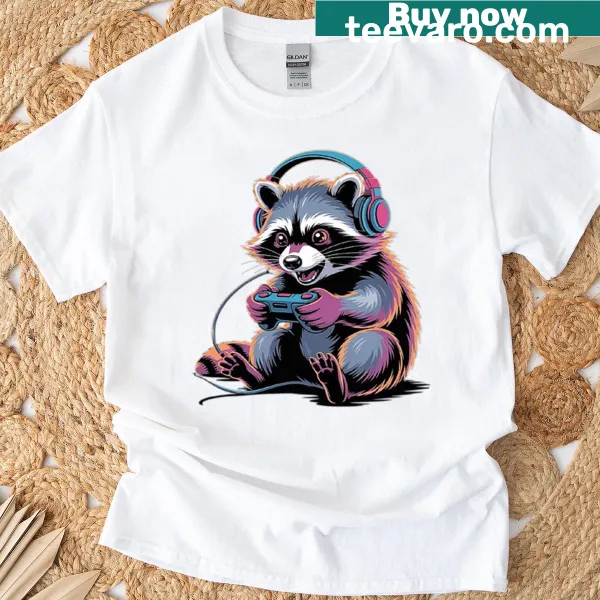 Funny raccoon gamer t-shirt with controller design