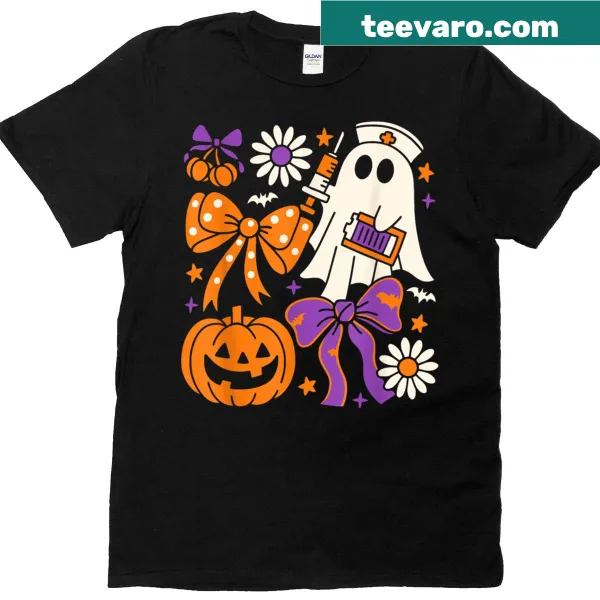 Halloween t-shirt featuring a cute ghost nurse with a pumpkin