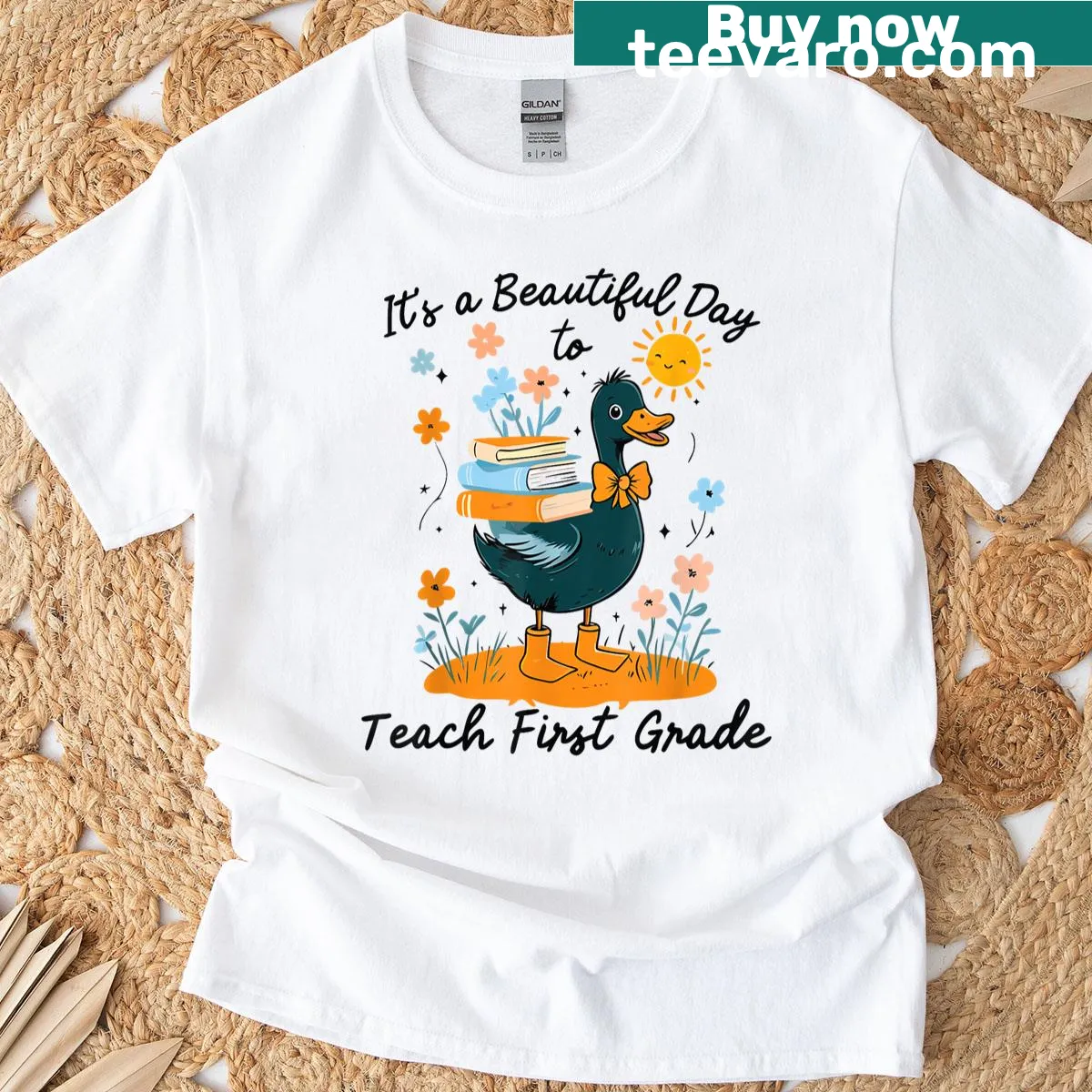 Whimsical goose design for 1st grade teachers — on a men's t-shirt