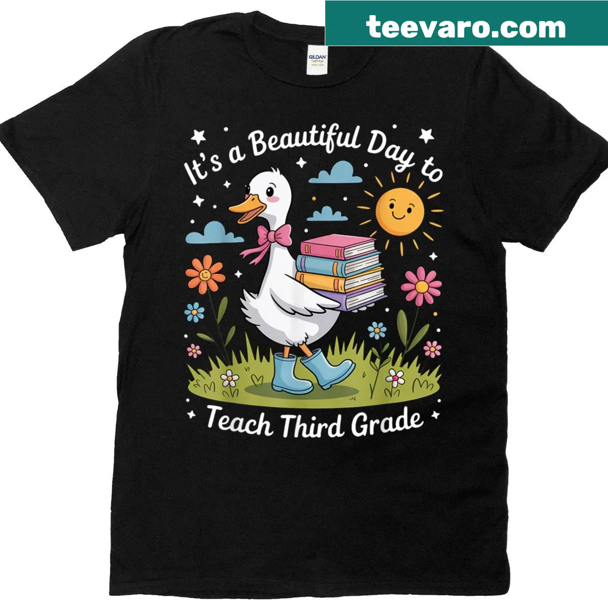 Cute cartoon goose with the text 'It's A Beautiful Day To Teach' on a t-shirt — on a men's t-shirt
