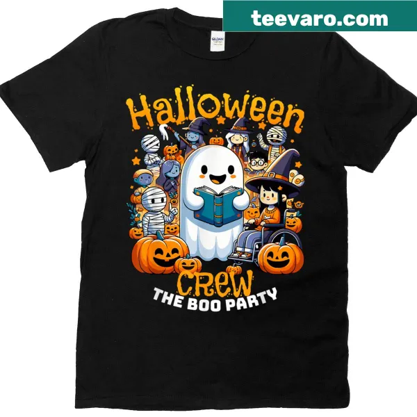 Halloween T-shirt featuring cute ghost, witch, and mummy illustrations