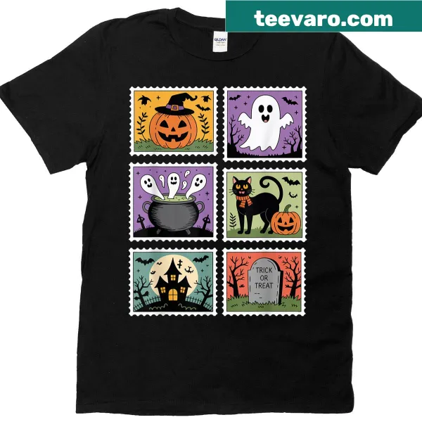 Retro Halloween graphic featuring ghost, pumpkin, and cat on a kids' t-shirt