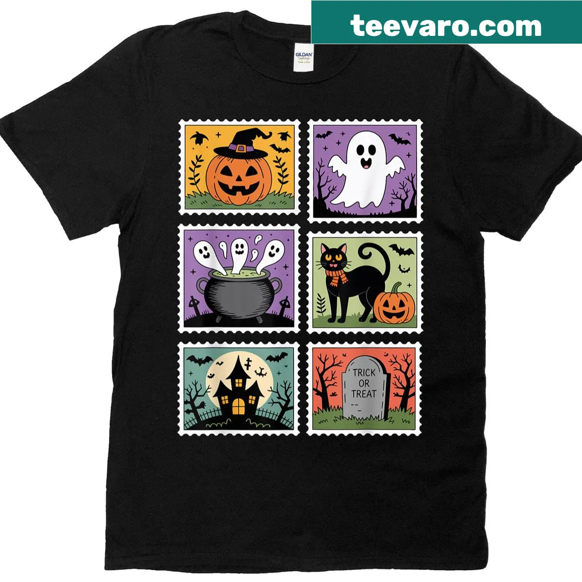 Retro Halloween graphic featuring ghost, pumpkin, and cat on a kids' t-shirt — on a men's t-shirt