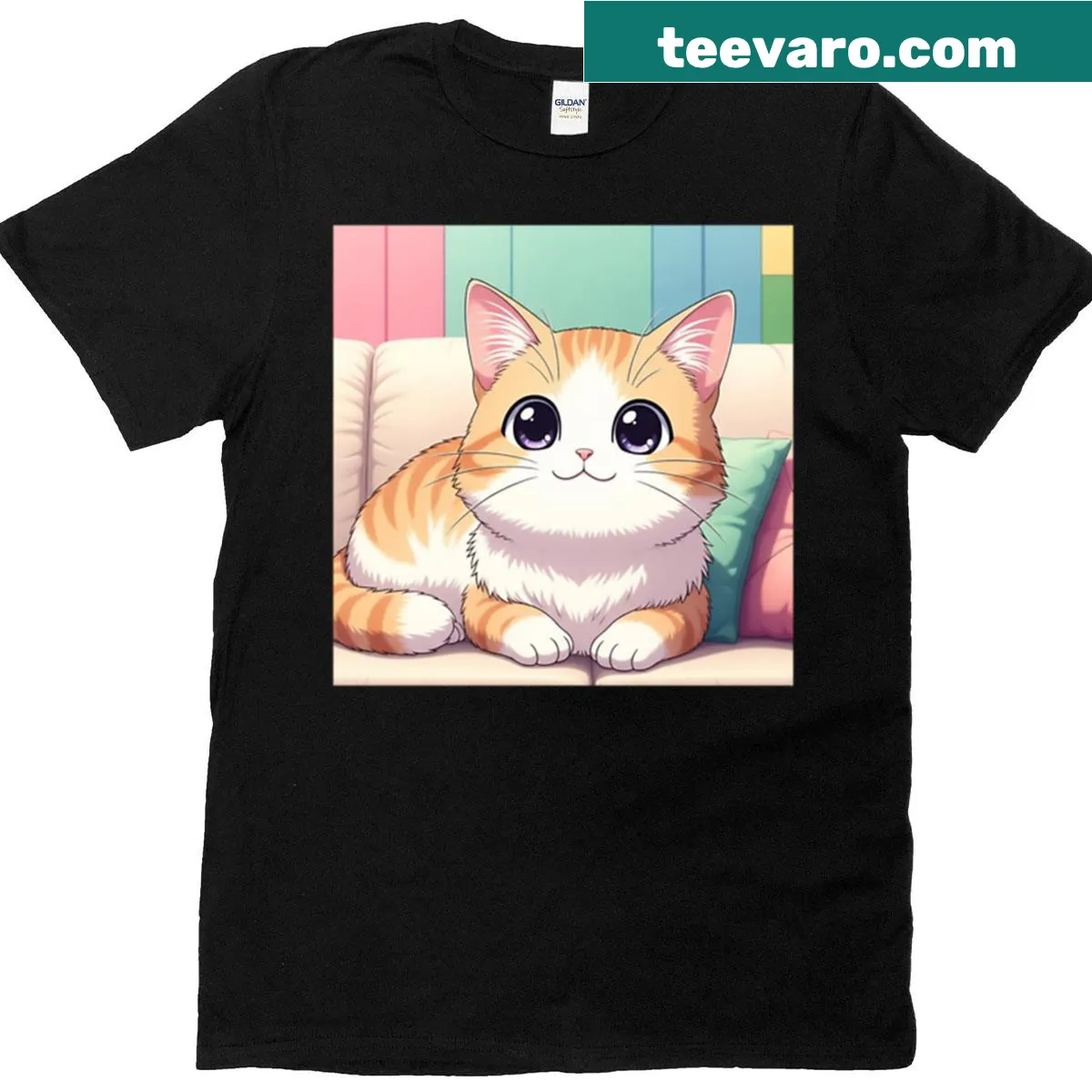 Kawaii illustration of an orange tabby cat on t-shirt — on a men's t-shirt
