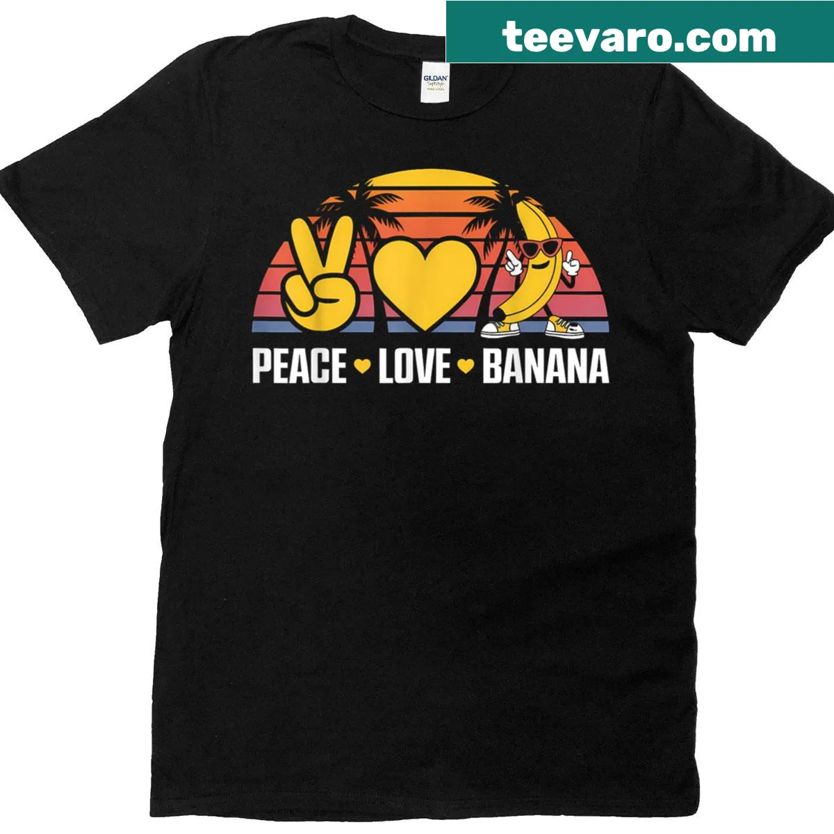 Cartoon design featuring bananas and peace love symbols on a t-shirt — on a men's t-shirt