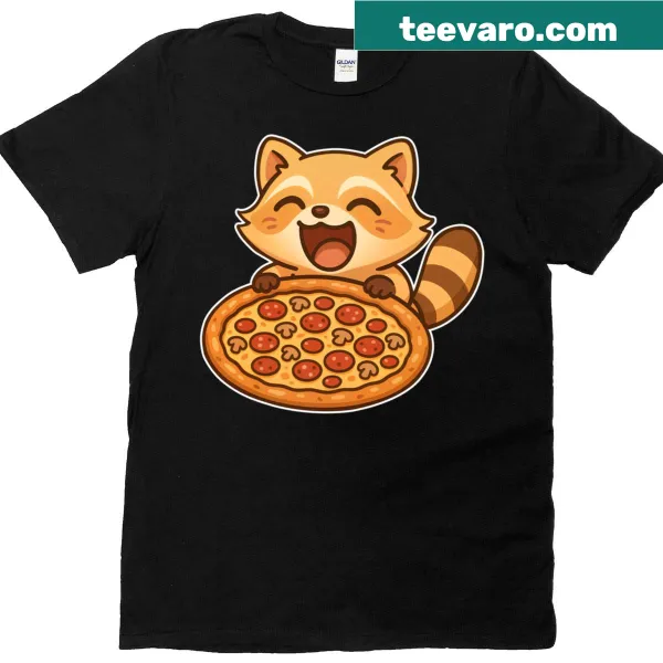 Adorable raccoon graphic t-shirt enjoying a slice of pizza