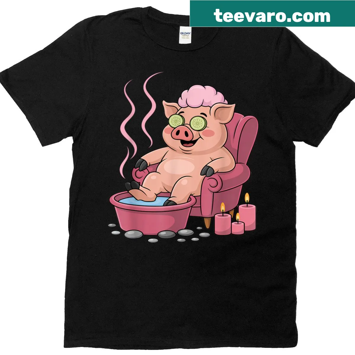 Cute T-shirt featuring a relaxing pig spa day design. — on a men's t-shirt